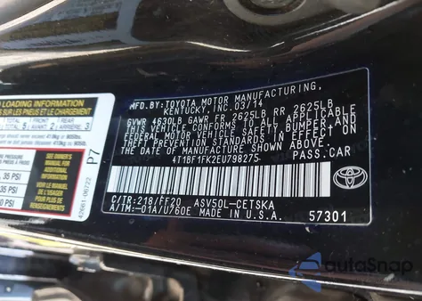2014 Toyota Camry Se from USA, damaged, VIN 4T1BF1FK2EU798275